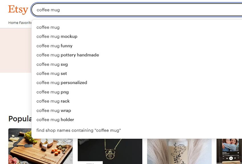 Etsy screen showing autocomplete feature on the search bar