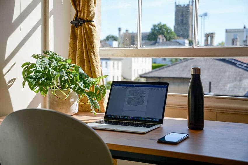 a desk with a laptop, a cellphone, a wattle bottle, a plant, a sunny day can be seen over the window