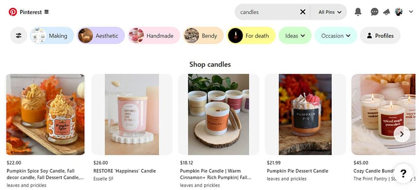 pinterest feed featuring different candles on sale