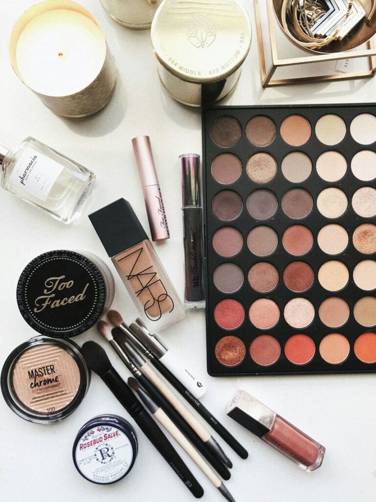 a collection of makeup, brushes, highlihters, foundations korean cosmetics distributor as one of the best beauty side hustles