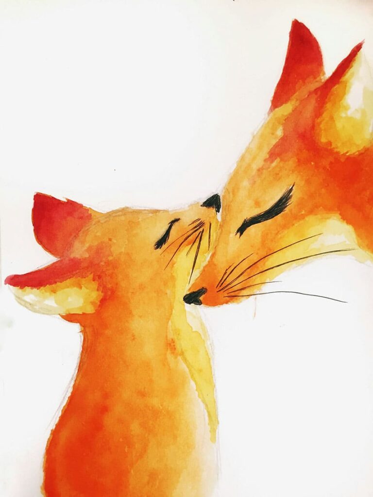 a watercolor painting featuring two foxes mom and puppy