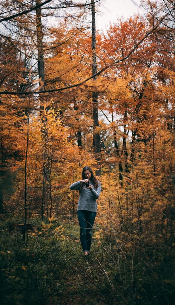 a woman walking on the forest and taking pictures of nature during fall afternoon