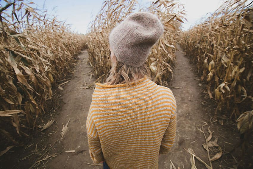 a young woman getting lost in a corn maze