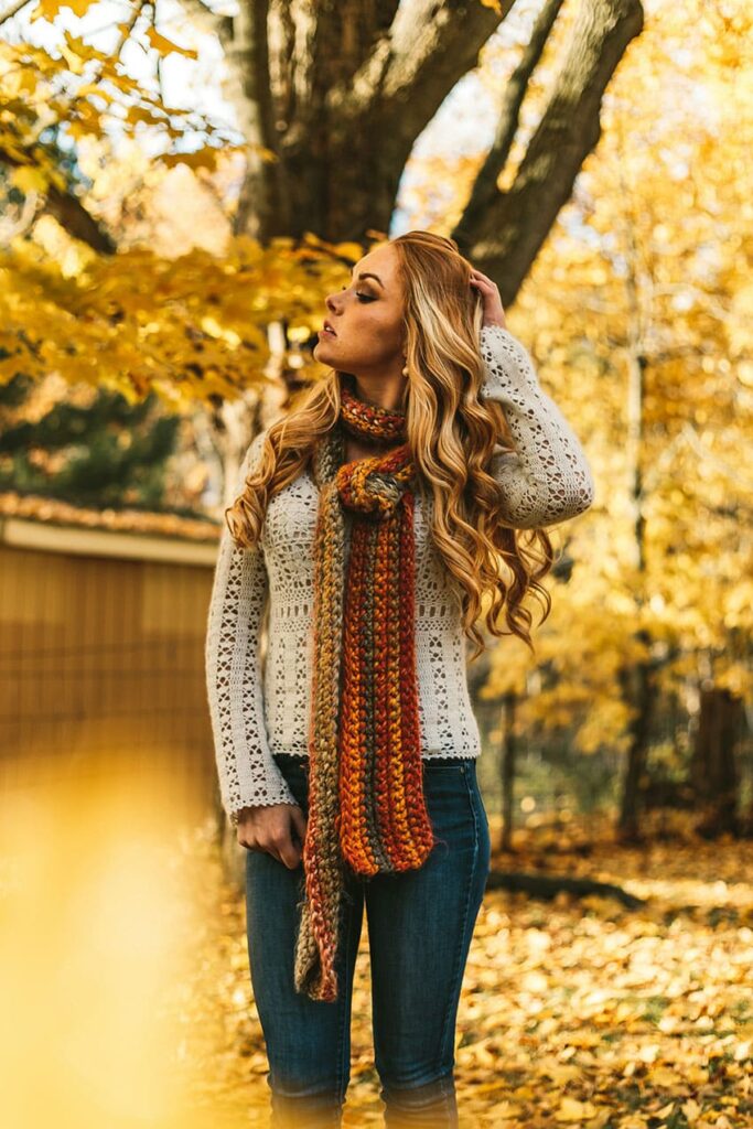 woman with an orange scarf cheap fall activities for adults