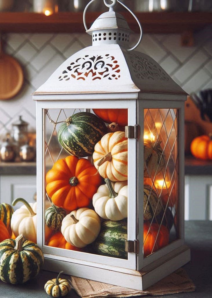 a white metal lantern filled with pumpkins and gourds