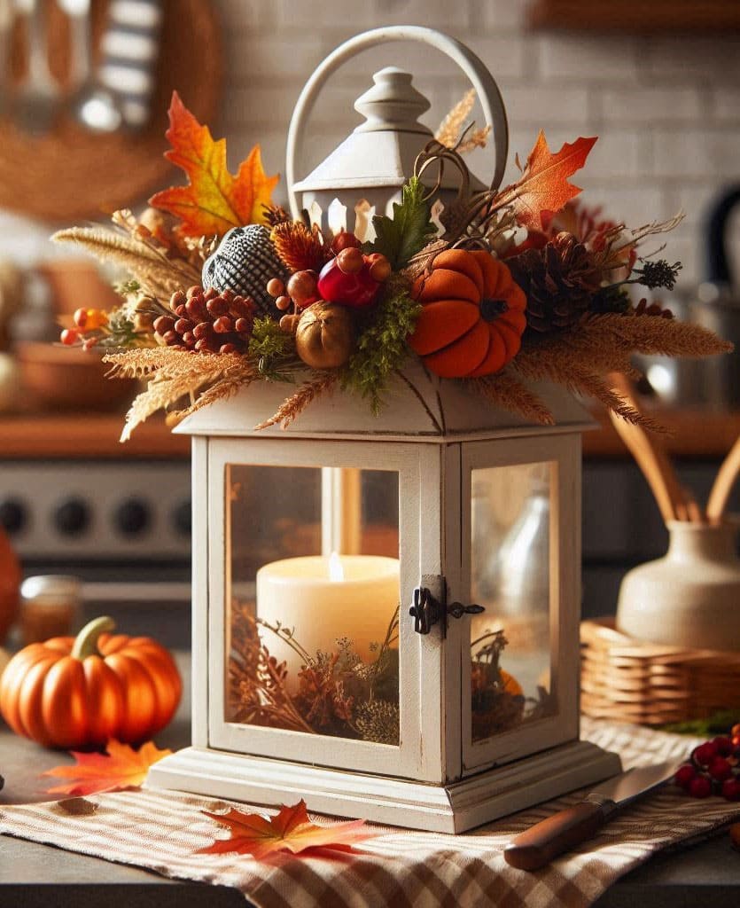 fall lantern decorated with faux pumpkins, florals, leaves and cranberries in a cozy kitchen setting