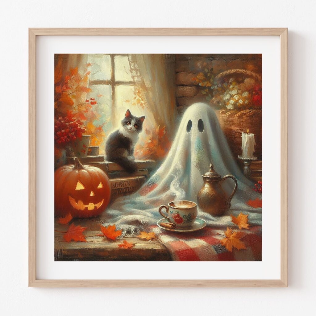 a print featuring a vintage painting which depicts a cat a ghost and a pumpkin in a cozy fall setting