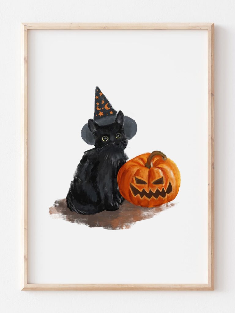 a vintage print featuring a cat with a witch hat and a jack o lantern