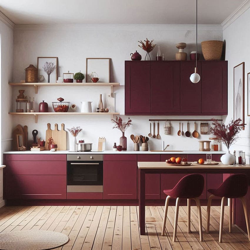 cozy kitchen with burgundy cabinets