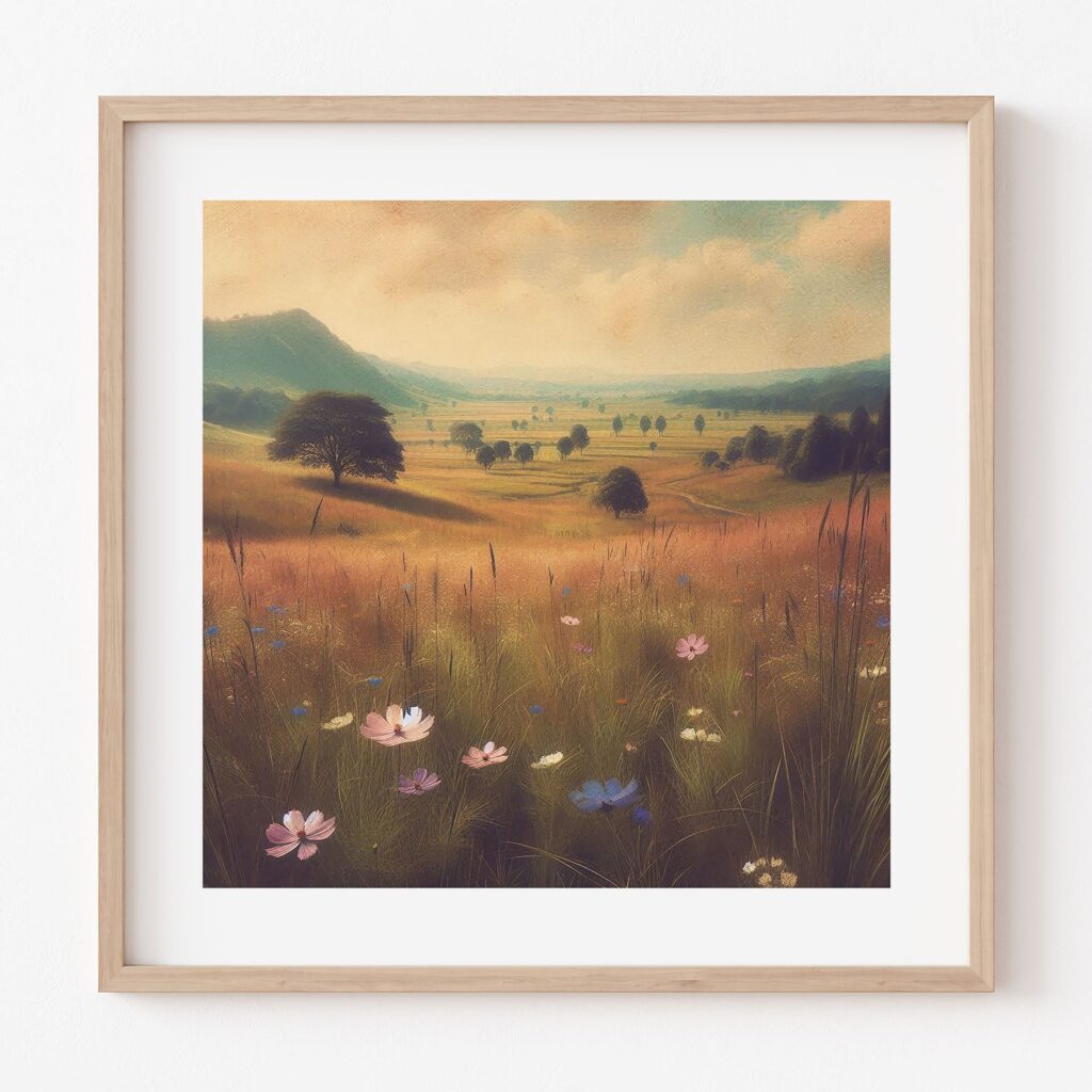 a print featuring a vintage painting fall country landscape