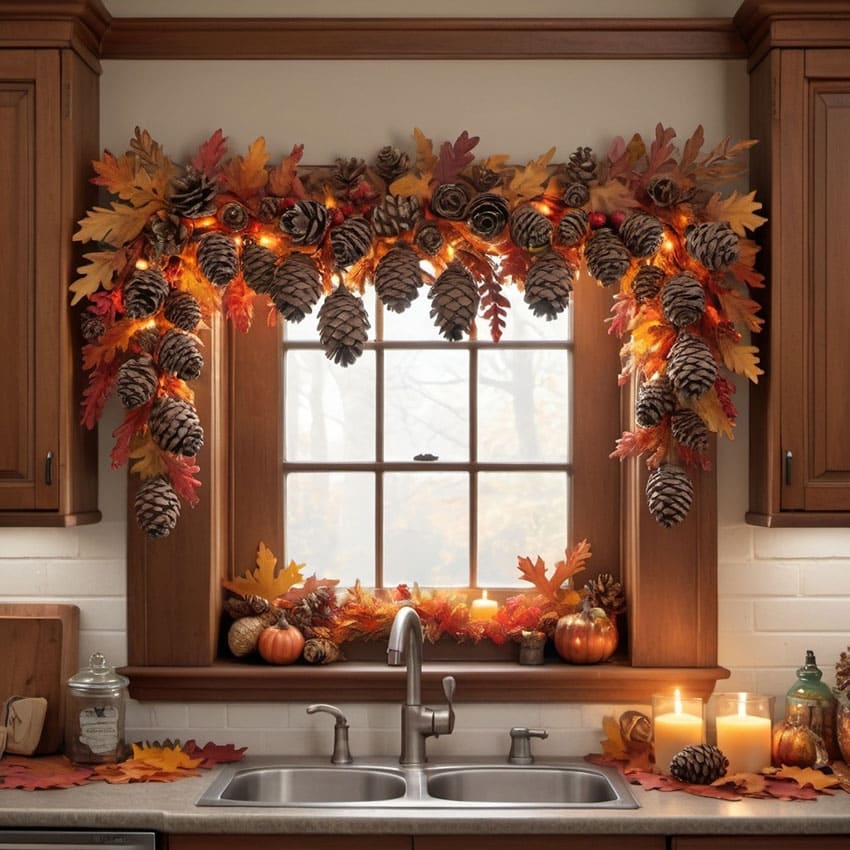 a garland hangin over kitchen window made out of fall leaves and pinecones