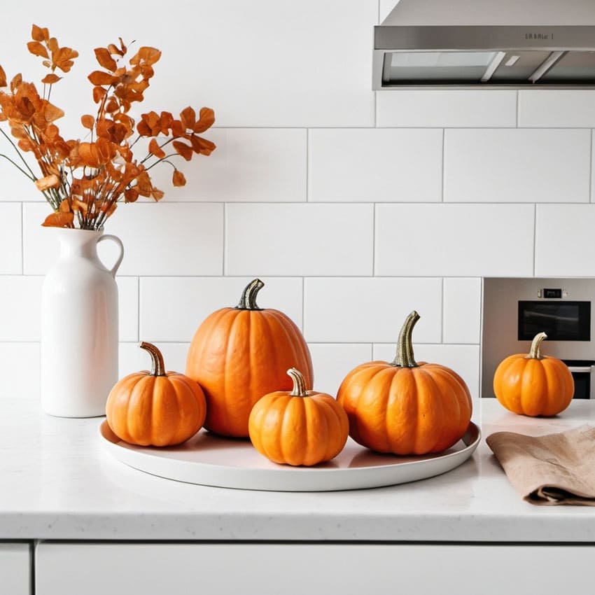 a minimalistic kitchen featuring fall decor consisting of orange pumpkins and a vase with orange flowers