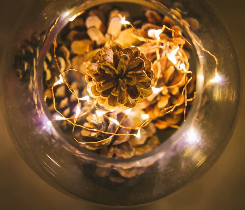 a glass bowl full of pinecones and garland lights