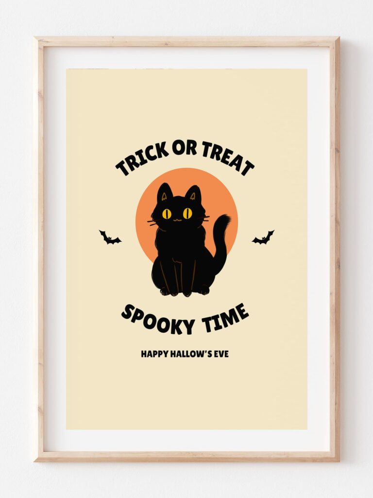 a retro print featuring a black cat the following texts trick or treat spooky time happy hallows eve