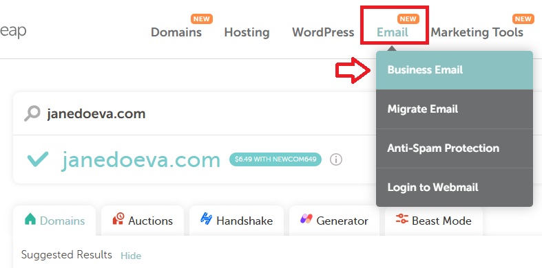 go to Namecheap business email section
