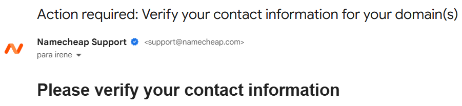 contact information verification mail from namecheap