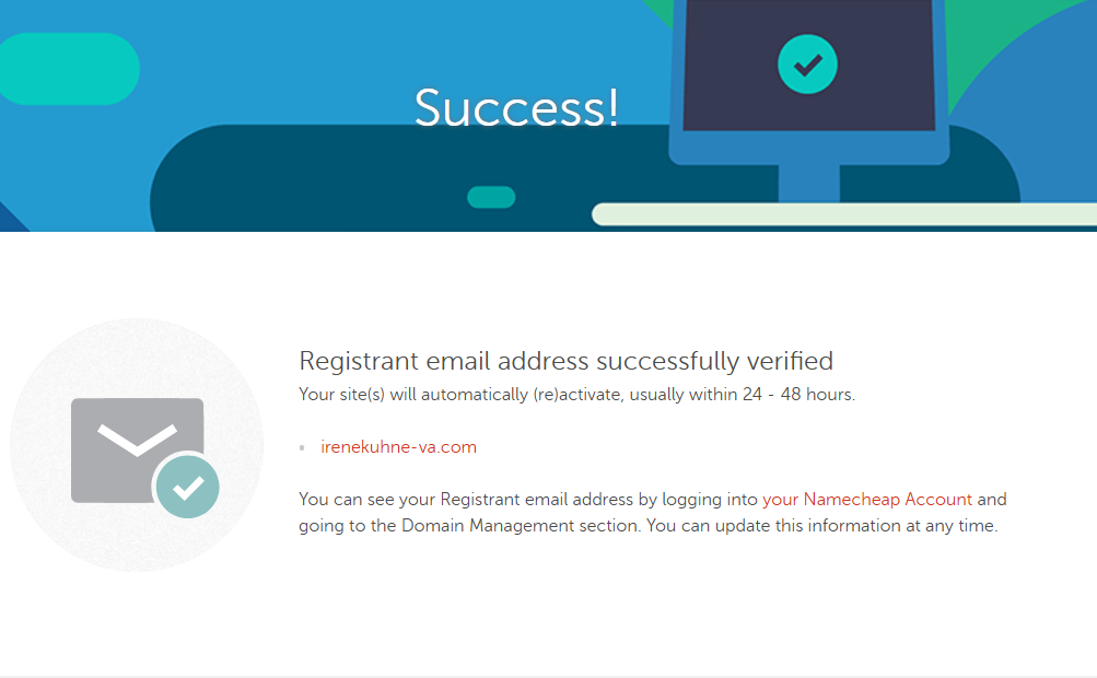 success page in namecheap after verifying our contact information