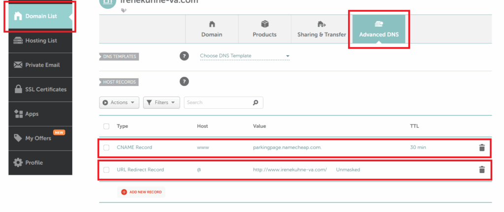 removing URL Redirect and CNAME records in namecheap
