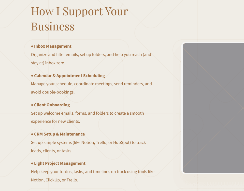 list of services section